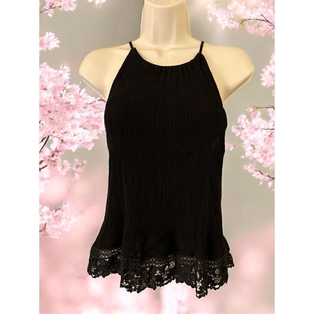 Ambiance Y2K Tank Top Womens Medium Black Plisse Crochet Hem Keyhole Neck